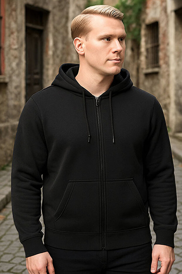 Siyah Kapşonlu Fermuarlı Sweatshirt - 3