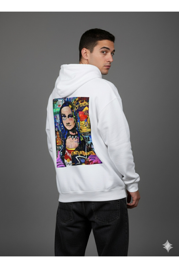Lenithra Mona Lisa Back Printed Unisex Oversize White Hoodie