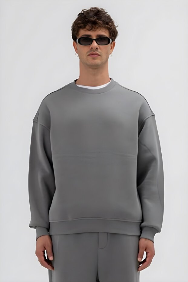 Basic Koyu Gri Unisex Oversize Premium Sweatshirt - 1
