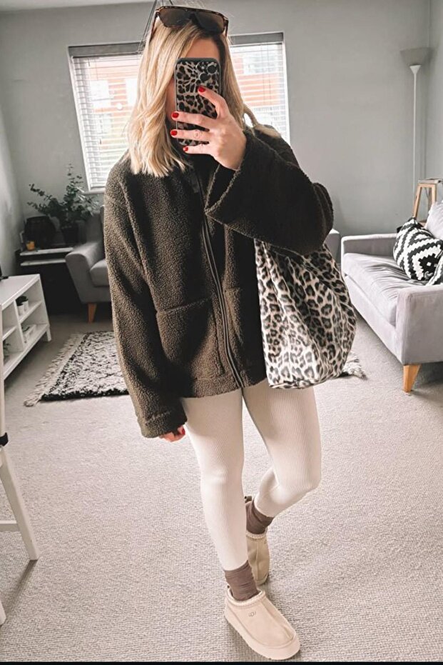 Khaki Pocketed Women's Plush Coat Mg2530