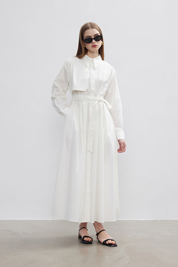 EKRU PAMUKLU TRENÇ ELBİSE - 3