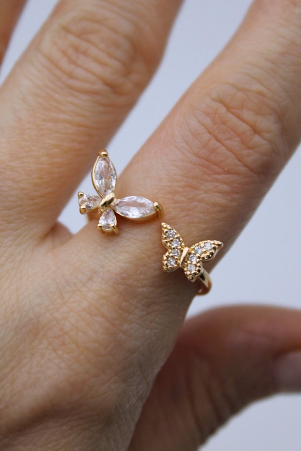 Vip Steel Minimal Series Zircon Stone and Baguette Stone Double Butterfly Model Adjustable Ring