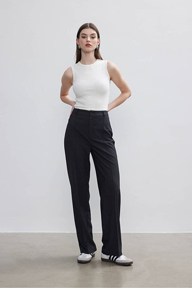 Antrasit Nervürlü Palazzo Pantolon - 1