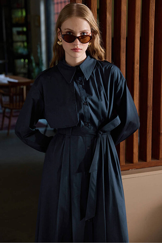 LACİVERT PAMUKLU TRENÇ ELBİSE - 1