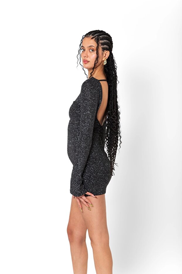 Sırt Dekolteli Simli Mini Siyah Elbise - 4