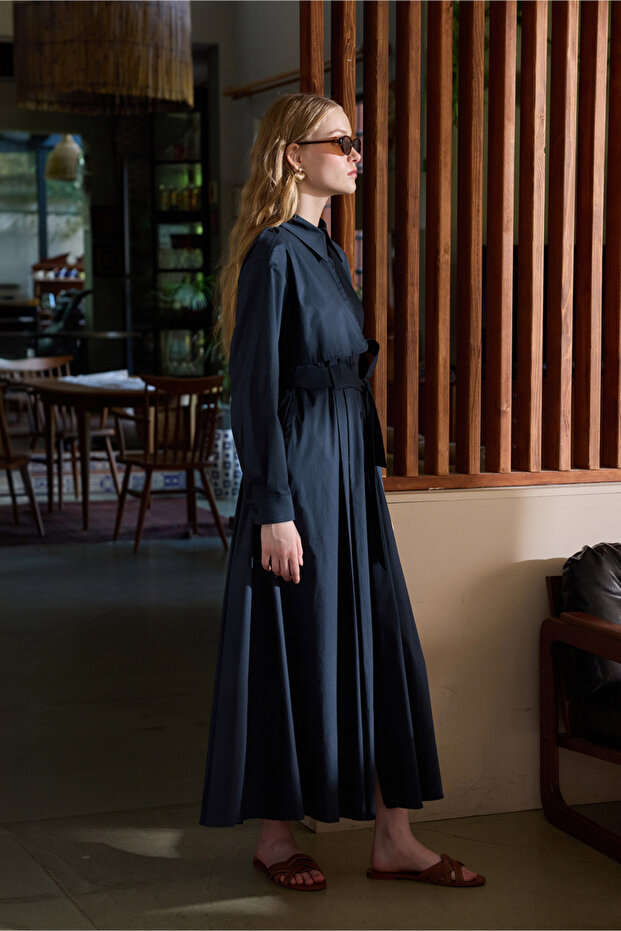 LACİVERT PAMUKLU TRENÇ ELBİSE - 3