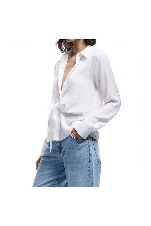 Woven Satin Long Sleeve Tie-Up Shirt