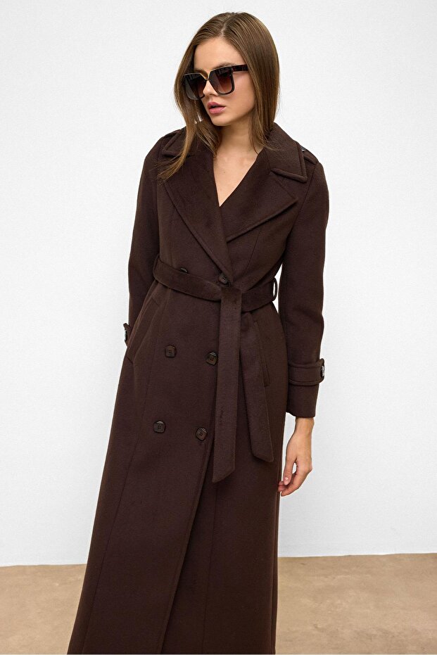 Apolet Detaylı Kruvaze Uzun Boy Kaban KAHVE 3056 - 6