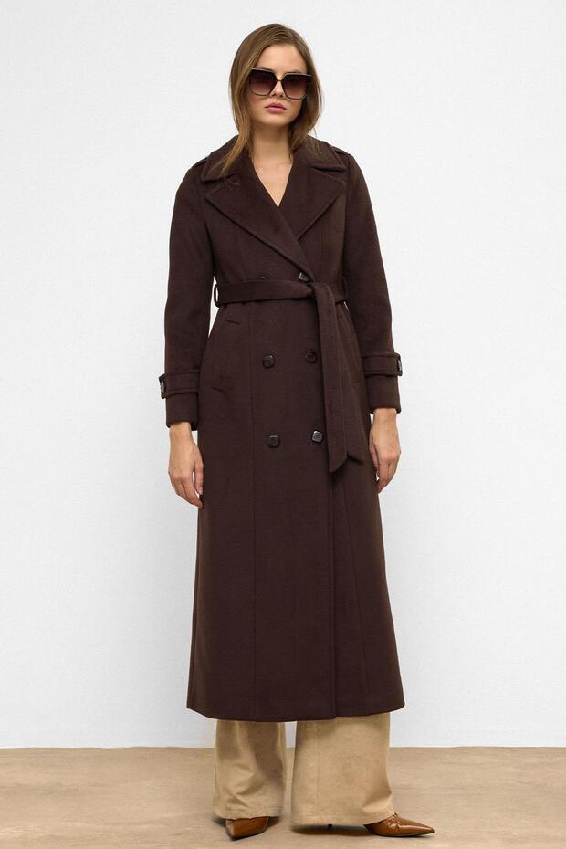 Apolet Detaylı Kruvaze Uzun Boy Kaban KAHVE 3056 - 1