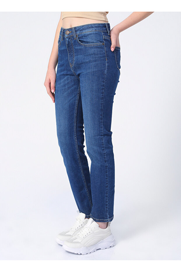 Yüksek Bel Slim Fit İndigo Kadın Denim Pantolon K-STRAIGHT - 3