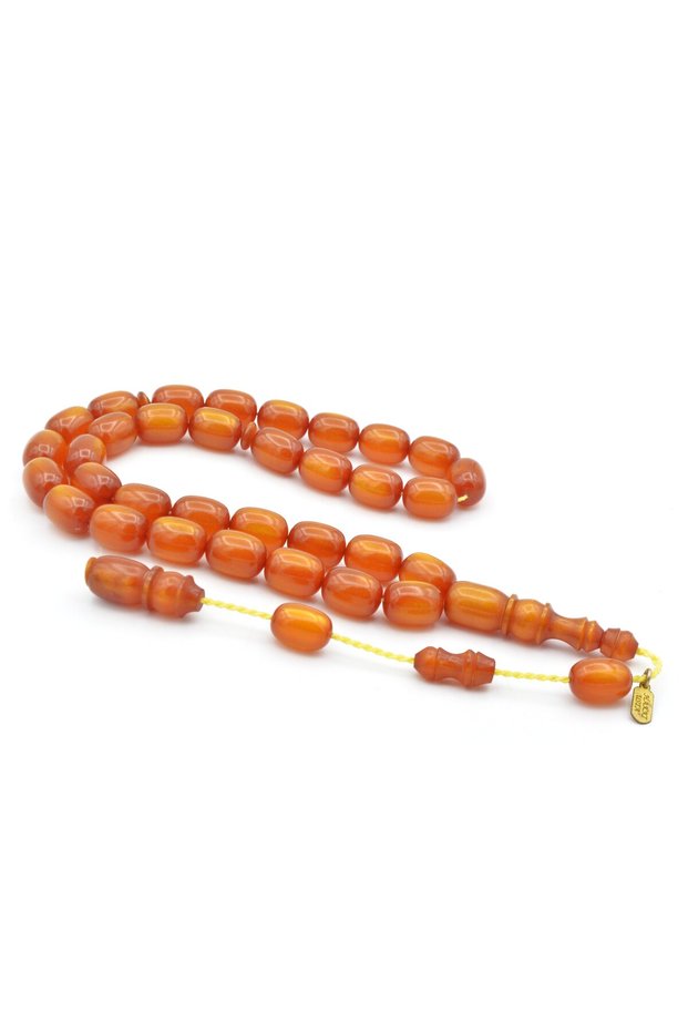 Hakkı Usta Signed Capsule Cut Silvery Orange Crimped Amber Prayer Beads