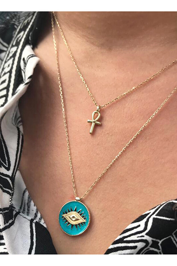 Gümüş Üzeri 14 Ayar Altın Kaplama Ankh Kolye - 3