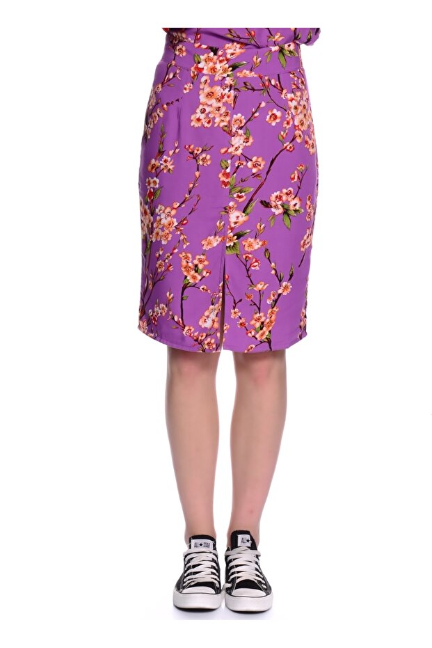 Mor Kadın Çiçek Desenli Etek RR883 - 3