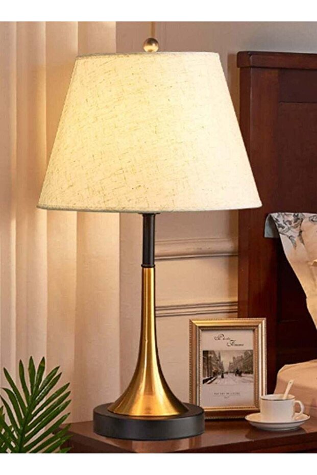 مصباح طاولة عتيق E27 مع غطاء من الكتان ومقبس - 5
