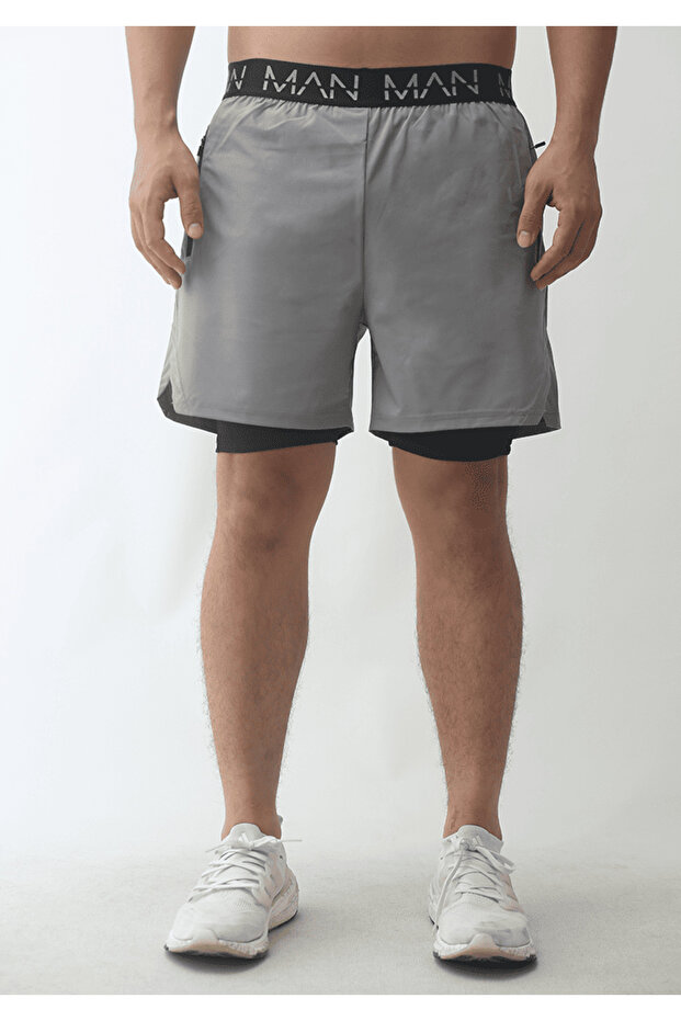 Man Of Man Erkek Yazılı Astarlı Koyu Antrasit Taytlı Spor Şort | Fitness ve Sporcu Şort - 1