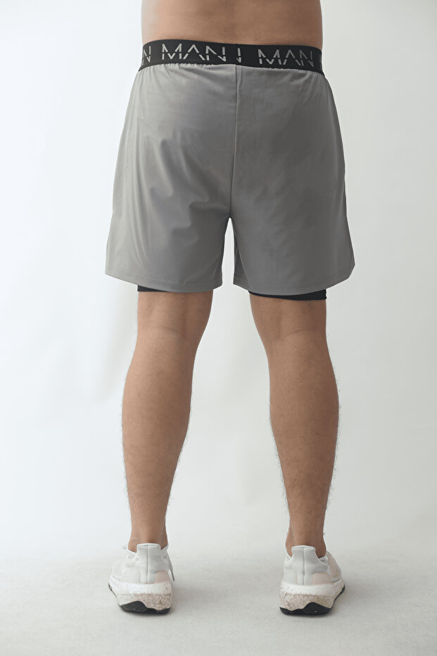 Man Of Man Erkek Yazılı Astarlı Koyu Antrasit Taytlı Spor Şort | Fitness ve Sporcu Şort - 4
