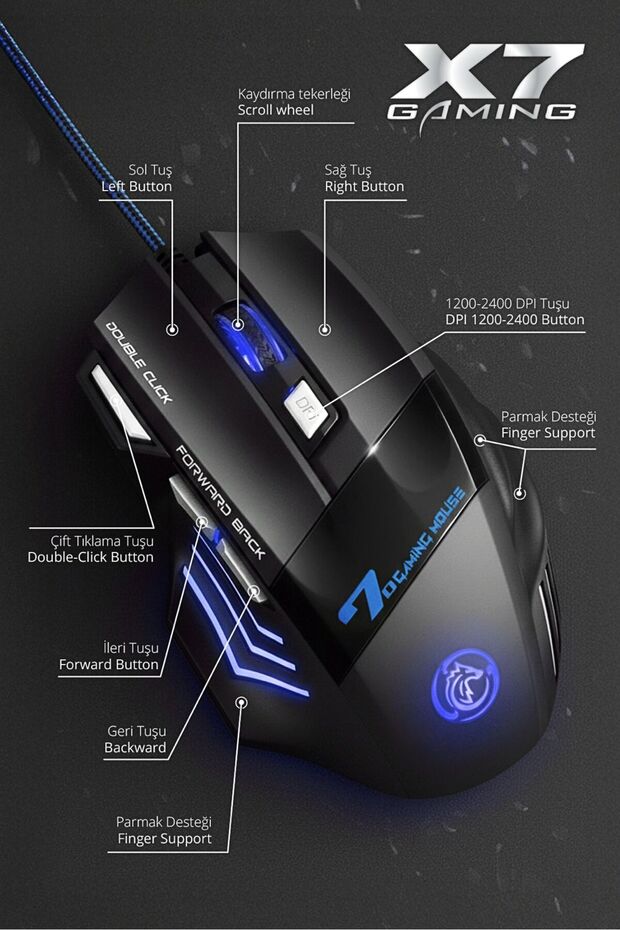 7635 X7 RGB LED Işıklı Gaming Mouse / 7 Tuşlu Oyuncu Mouse / 1200/1600/2400 DPI / Kumaş Kablo - 2