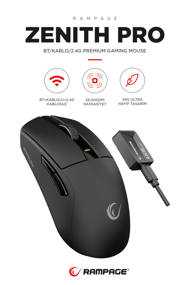 ZENITH PRO 4K 26000 DPİ Kablosuz Siyah Gaming Mouse - 1