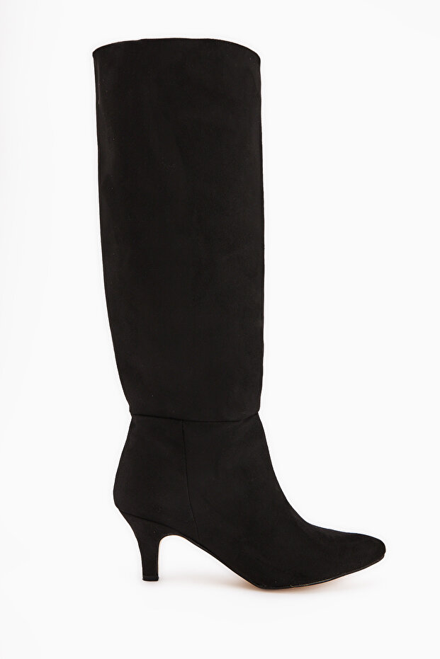 Milika Black Suede Pointed Toe Short Heeled Pull Women's Boots