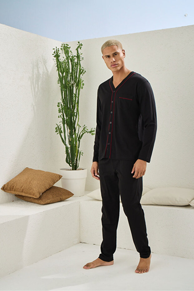 Erkek Dört Mevsim Battal V Yaka Boydan Düğmeli Pijama Takımı - 5