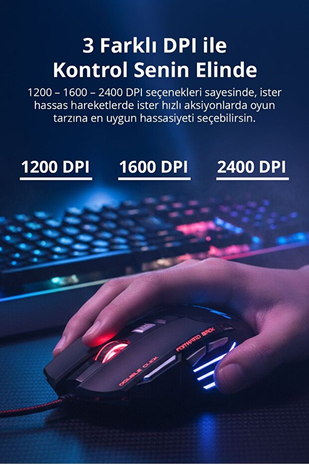 7635 X7 RGB LED Işıklı Gaming Mouse / 7 Tuşlu Oyuncu Mouse / 1200/1600/2400 DPI / Kumaş Kablo - 4