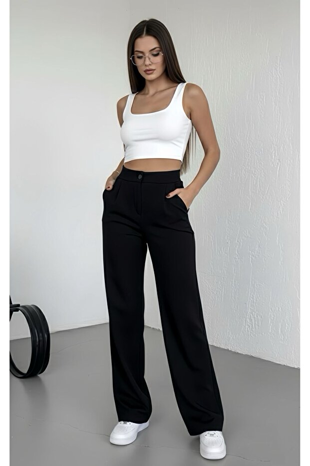 Women's Modern Cut Wide Leg Black High Waist Trousers