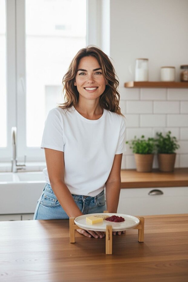 Alpina Bambu Ayaklı Seramik Sunum Tabağı 17cm, Servis Tabağı, Dekoratif Tatlı ve Kahvaltı Tabağı - 6