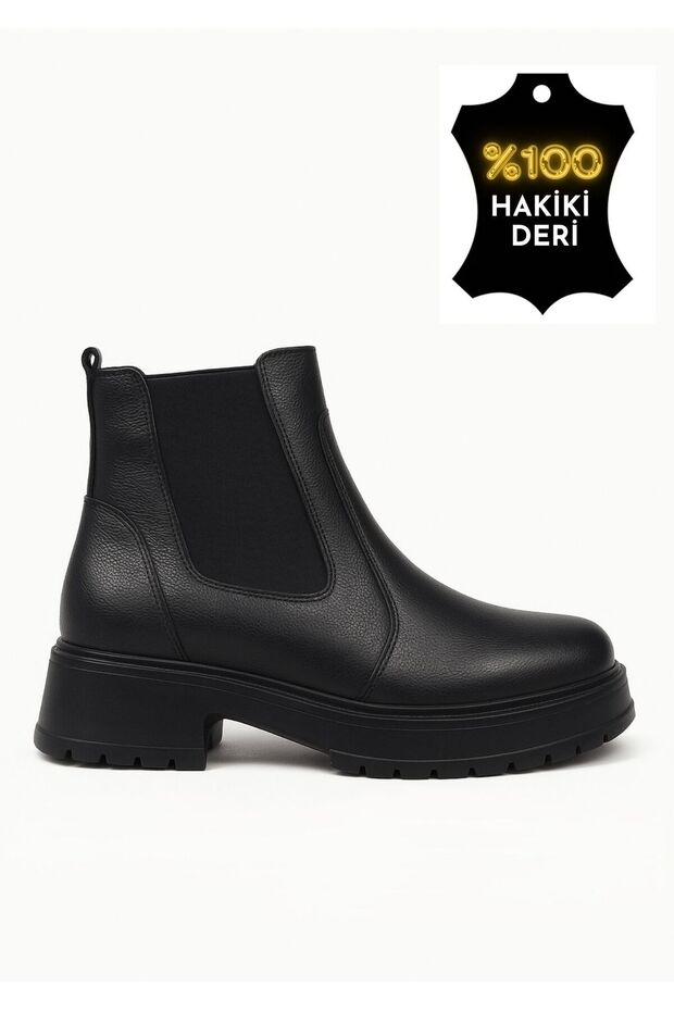 Women's Genuine Real Leather Elastic Short Black Boots