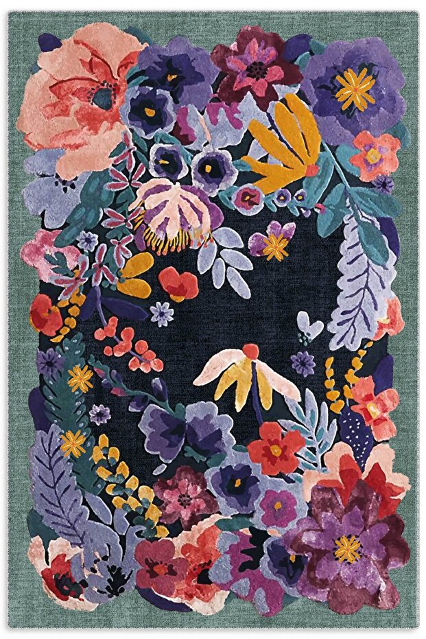 Kaşmir doku yumuşak kaymaz pamuk taban oturma odası salon mutfak koridor lacivert yeşil çiçekli halı - 1