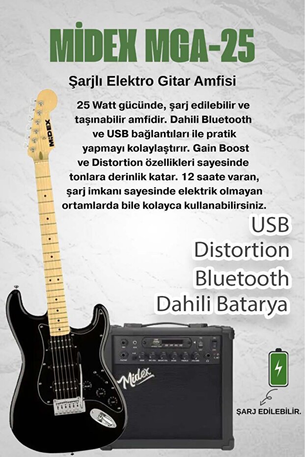 Rph-40bk-25amp Elektro Gitar Seti 25 Watt Gain'li Bluetooth Şarjlı Amfi Ve Full Set - 3