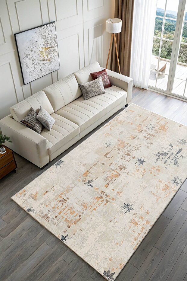 Kaşmir doku yumuşak kaymaz pamuk taban oturma odası salon mutfak koridor sarı lacivert bej halı - 3