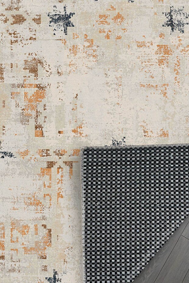 Kaşmir doku yumuşak kaymaz pamuk taban oturma odası salon mutfak koridor sarı lacivert bej halı - 5