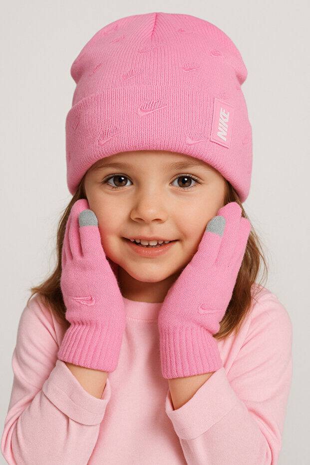 Çocuk Pembe Bere-Eldiven seti - 1