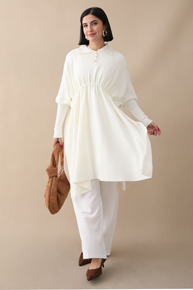 Ecru pončo s balonovým rukávem - 7