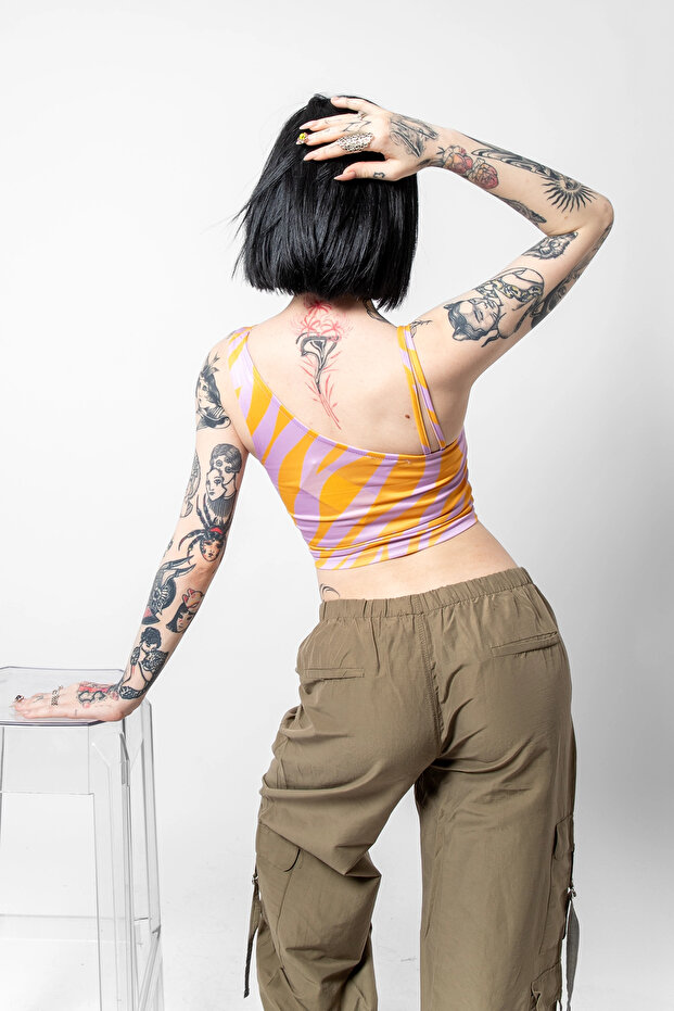 كتف واحد برتقالي منقوش بحزام مزدوج - 5