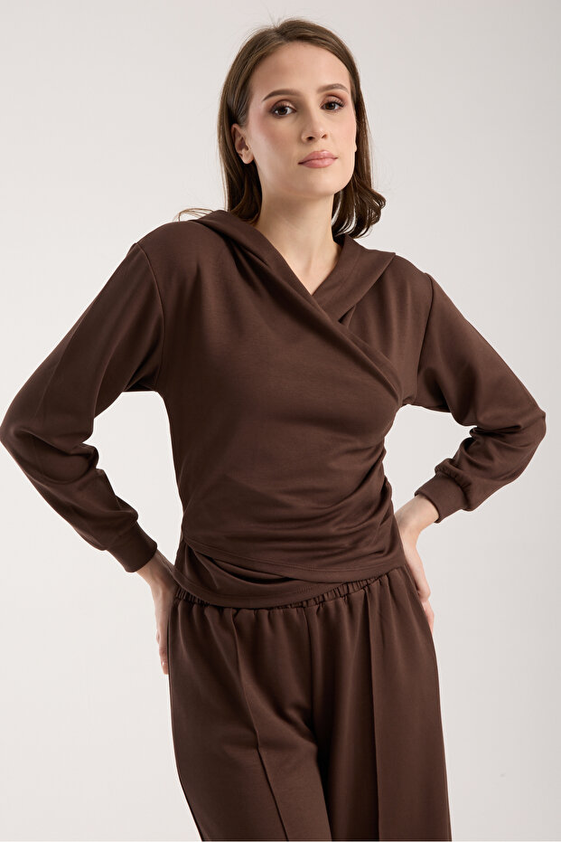 Women's Hooded, Side Gathered Seasonal Brown Top and Bottom Set