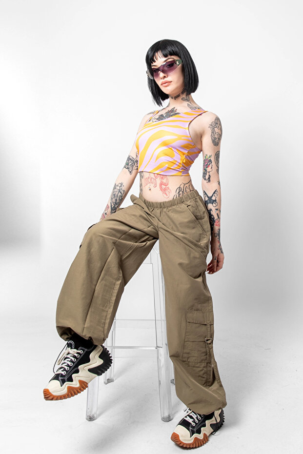 كتف واحد برتقالي منقوش بحزام مزدوج - 4