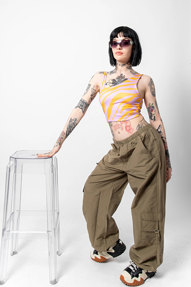 كتف واحد برتقالي منقوش بحزام مزدوج - 2