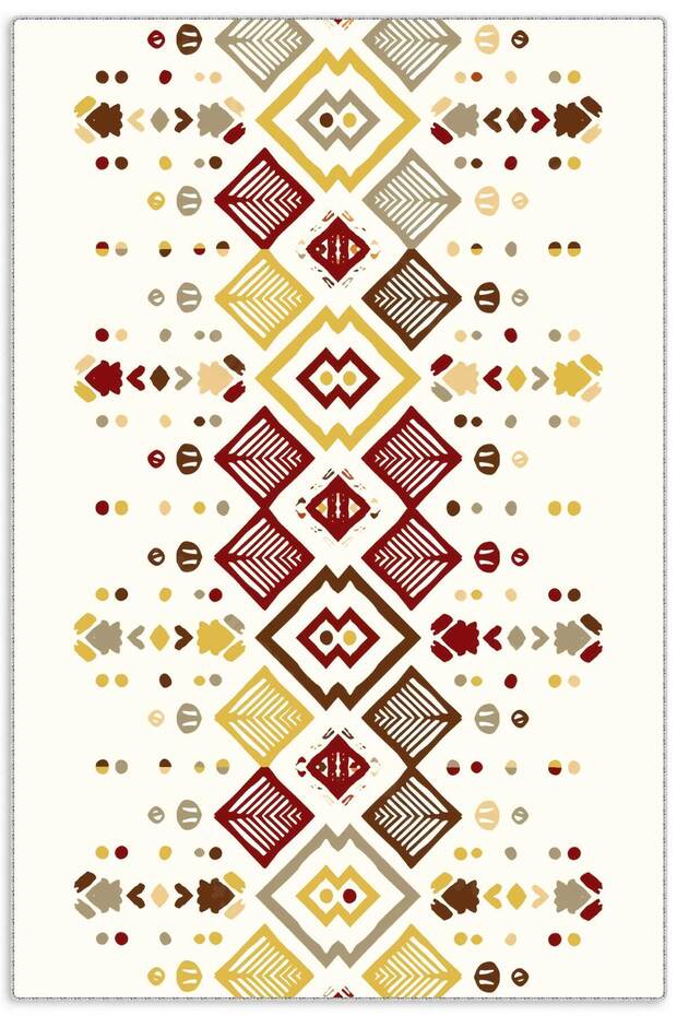 Ecru Modern Ethnic Patterned Chenille Carpet Rug Runner Gray Burgundy Yellow Color Non-Slip Washable