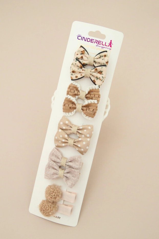 Set of 10 Stylish Beige Tone Bow Ribbon Baby Girl Soft Clip Hair Clips - Children's Clip Hair Clips