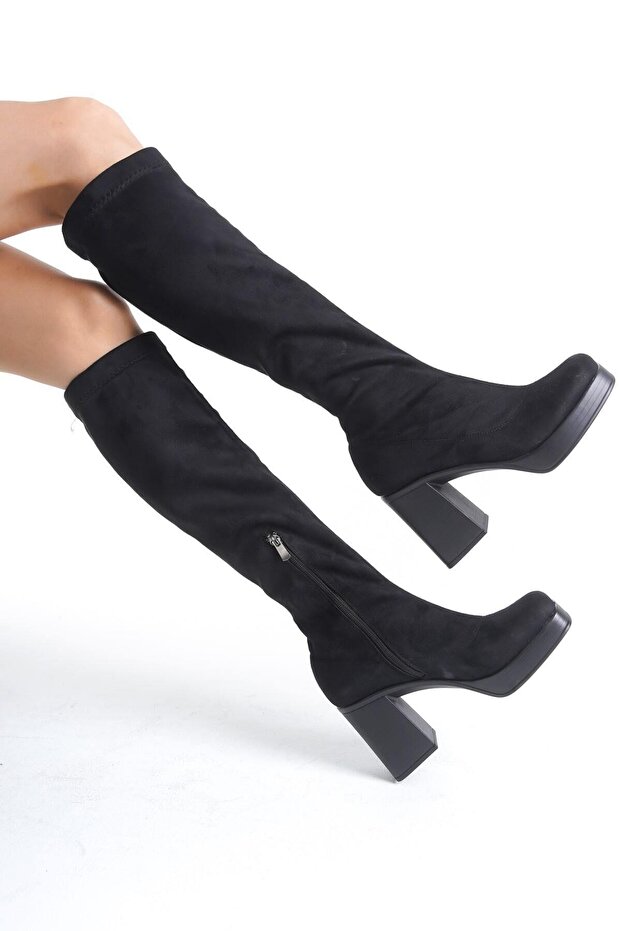 Mbsr1070-S Women's Suede Thick Heeled Black Knee High Socks Boots