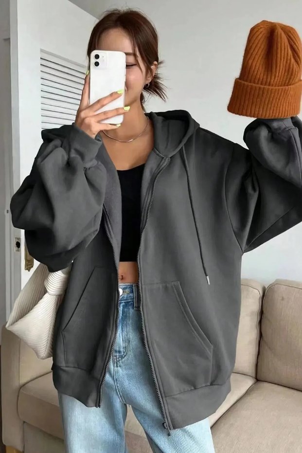 Women's Hooded Detail Zippered Balloon Sleeve Cardigan