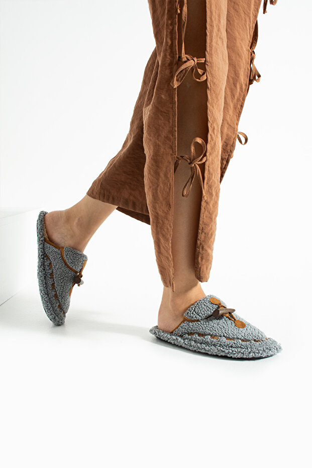 Gri Fildişi Dikişli Yıkanabilir Kışlık Kadın Terlik (Dar kalıptır) - 6