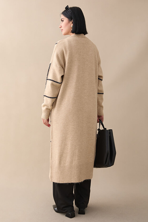 Sim Şeritli Bej Triko Hırka - 5