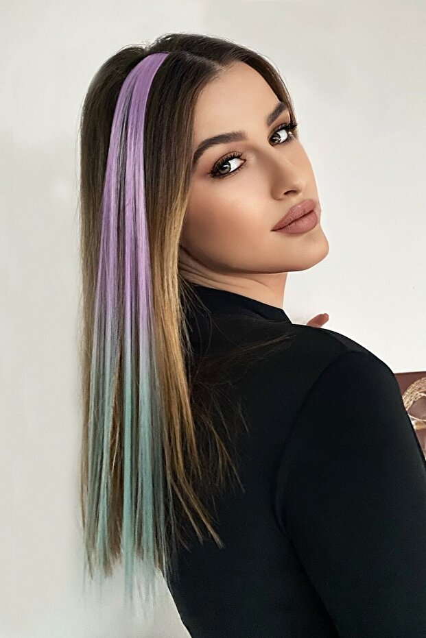 Lila - Turkuaz Ombre Çıt Çıt Yan Postiş 50 cm