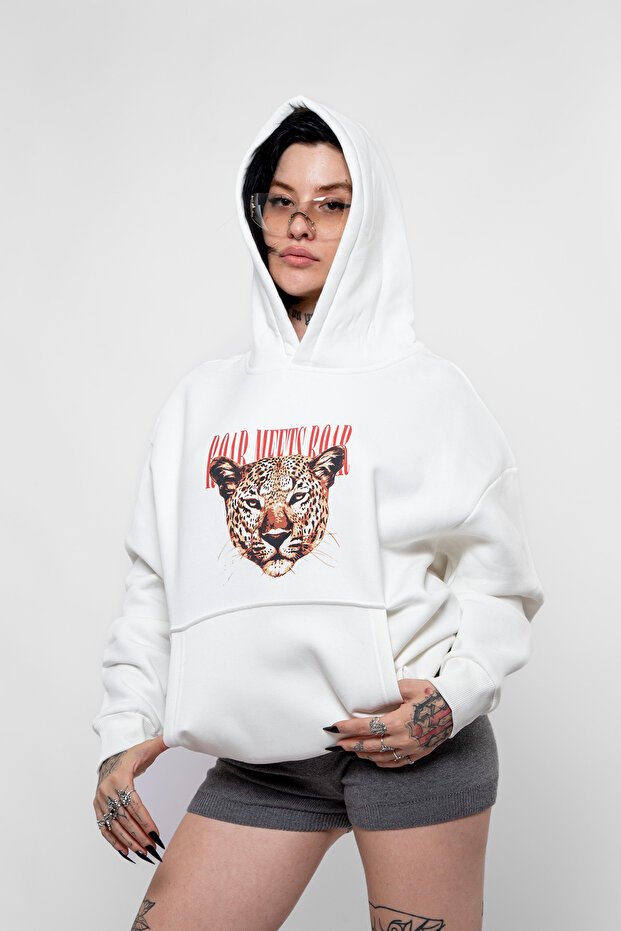 Roar Meets Printed Oversize White Hoodie