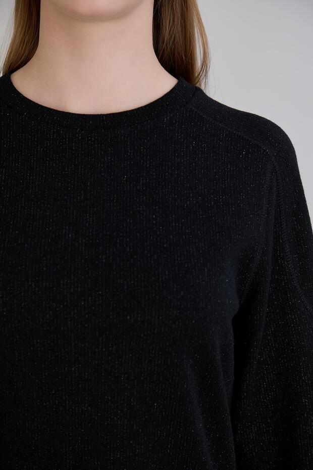 Kadın Bisiklet Yaka Regular Kalıp Siyah Basic Simli Triko - 9