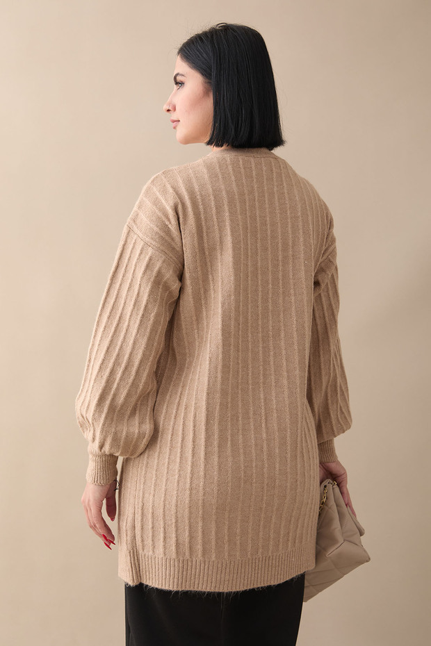 Peluş Fitilli Camel Triko Hırka - 4