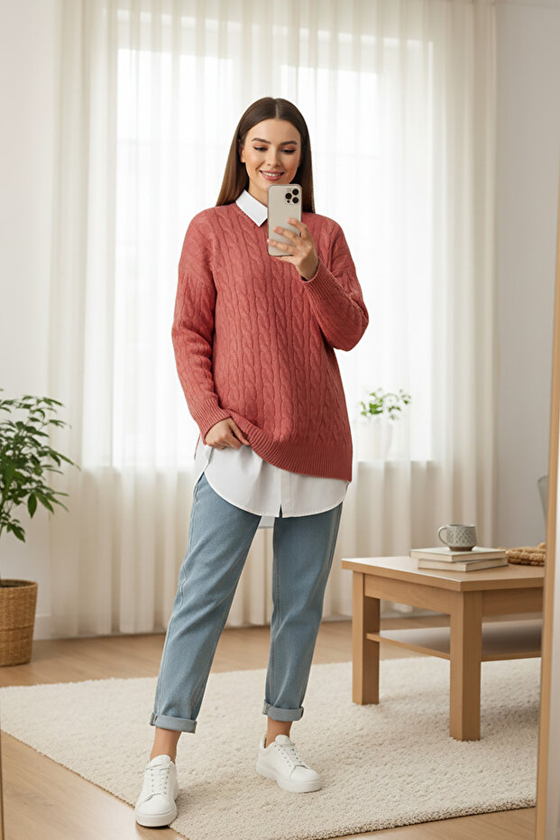 Leyla Saç Örgü Yumoş Triko Kazak - Gül Kurusu - 1