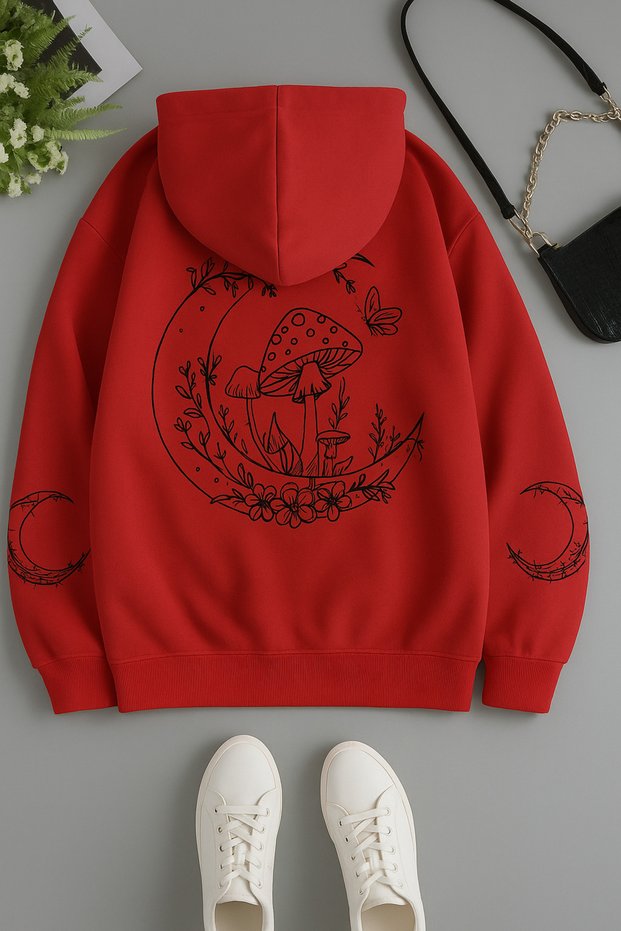 Women's Hooded Kangaroo Pocket Oversized Sweatshirt with Moon Mushroom Flower Print on the Back, Casual Daily Wear